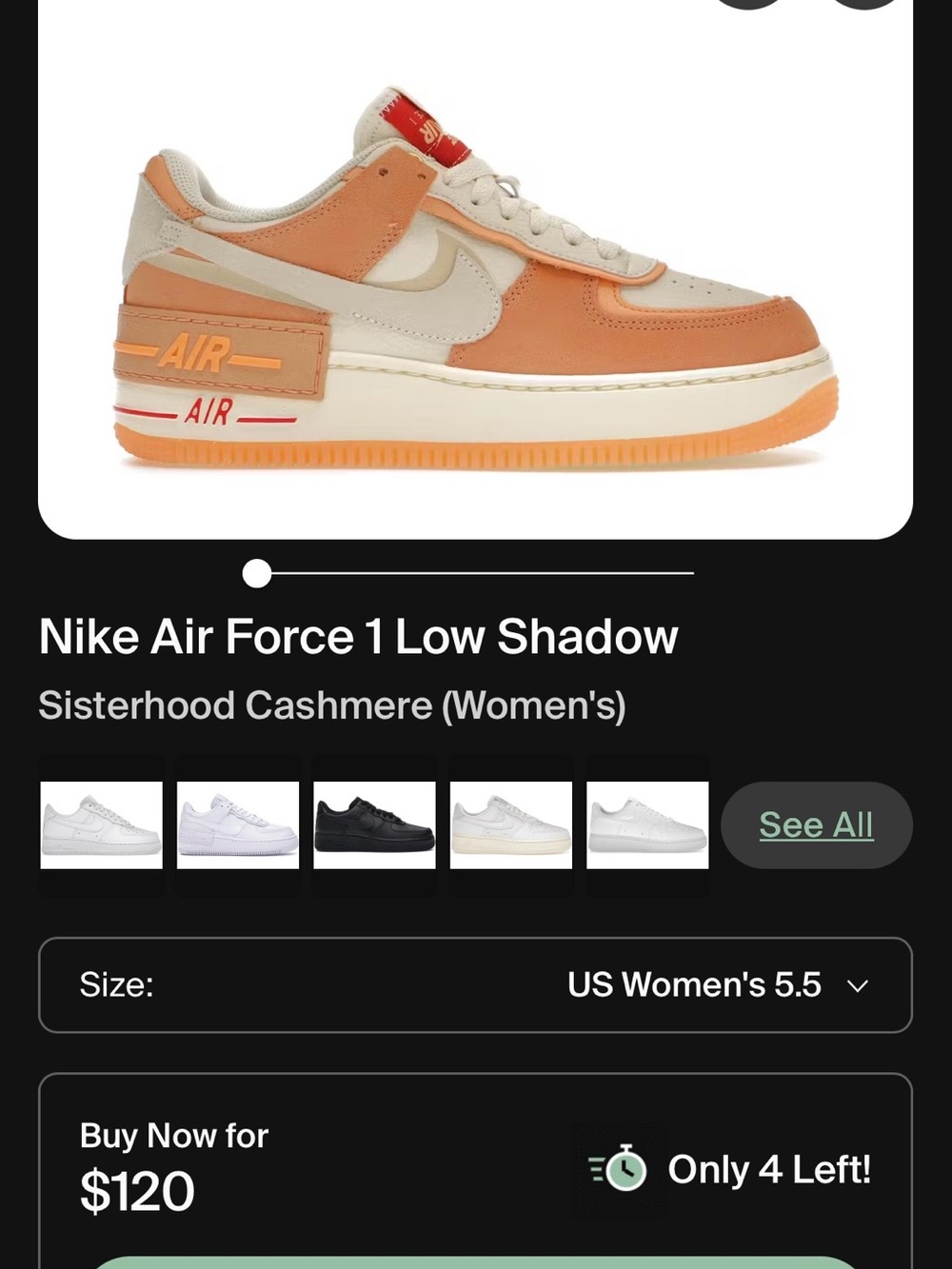 Nike Air Force 1 Low in Peach & White with Gold Accents Men’s 6.5/Womens 8